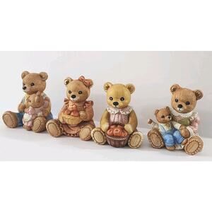 Homco Set Of 4 Harvest Girl Teddy Bear Apple Basket Papa Mama Baby Vintage Fall